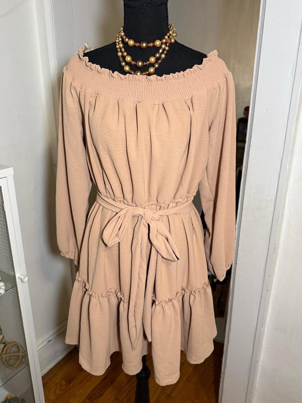 Smocked Off-Shoulder Long Sleeve Dress in Beige with Tie Waist